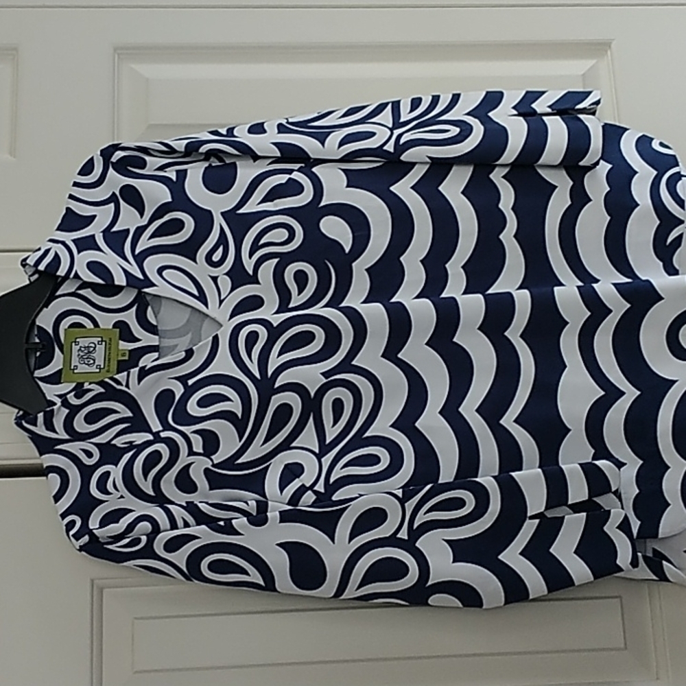 Elizabeth McCay Navy White Graphic Print Blouse V Neck 6 - Picture 7 of 13